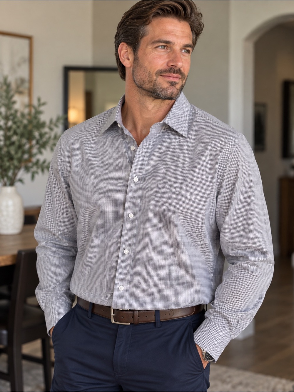 Haggar Classic Fit Gray Check Stretch Dress Shirt 18-18.5 34/35